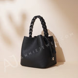 Women's black Small Leather Bucket Bag Purse Knit Handle Top Bucket Bag