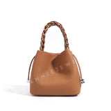 Women's Small Leather Bucket Bag Purse Knit Handle Top Bucket Bag