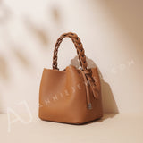 Women's brown Small Leather Bucket Bag Purse Knit Handle Top Bucket Bag