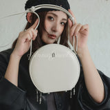 white Leather Circle Bag Double Zip Round Leather Purse womens