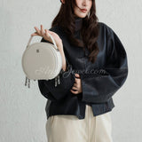 white Leather Round Bag Small Round Leather Handbag Round Leather Purse Womens