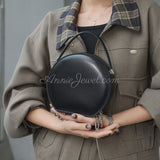 black Leather Round Bag Small Round Leather Handbag Round Leather Purse Womens