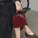 burgundy Genuine Leather Round Crossbody Bag Small Leather Circle Bag Double Zipper womens