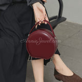 Burgundy Leather Round Bag Small Round Leather Handbag Round Leather Purse Womens