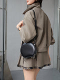 black genuine leather circle bag leather round crossbody bag womens