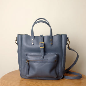 blue Leather Tote Bag With Zipper Small Leather Tote 