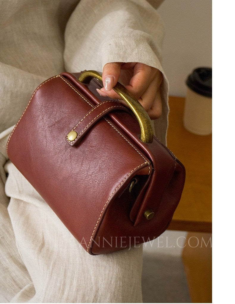 Genuine Leather Frame Handbag Small Vintage Leather Handbag Womens