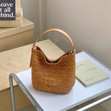 Small Woven Leather Bucket Bag Genuine Leather Bucket Shoulder Bag Womens - Annie Jewel