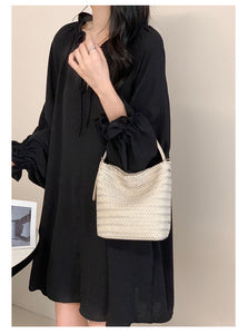 Small Woven Leather Bucket Bag Genuine Leather Bucket Shoulder Bag Womens - Annie Jewel