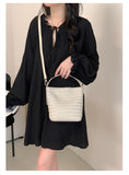 Small Woven Leather Bucket Bag Genuine Leather Bucket Shoulder Bag Womens - Annie Jewel