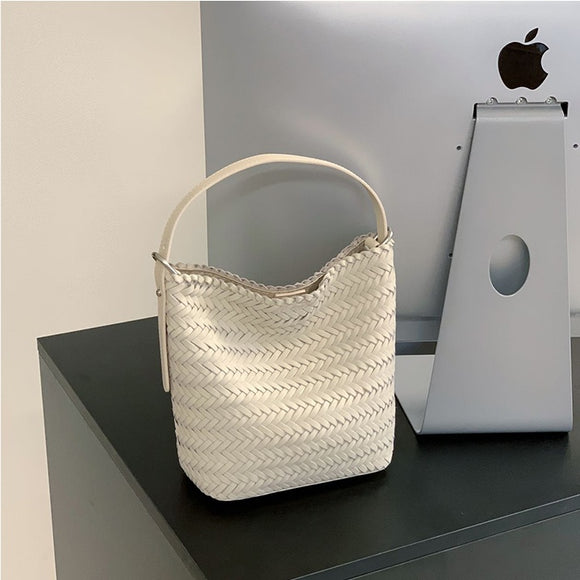 Small Woven Leather Bucket Bag Genuine Leather Bucket Shoulder Bag Womens