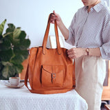 Soft Leather Tote With Compartments Tote Bag With Shoulder Strap brown work tote