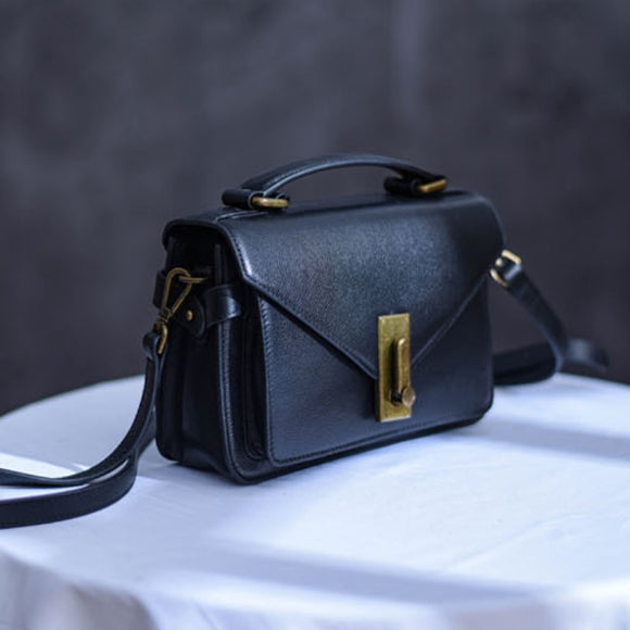 Small Satchel Purse Black Leather Satchel Bag Structured Sling Bag Womens