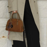 Suede Leather Bowling Bag Brown Bowler Handbag For Ladies 