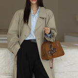 Suede Leather Bowling Bag Brown Bowler Handbag For Ladies 