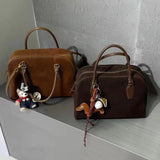 Suede Leather Bowling Bag Brown Bowler Handbag For Ladies 