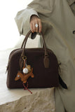 Suede Leather Bowling Bag Brown Bowler Handbag For Ladies 