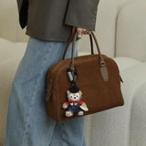 Suede Leather Bowling Bag Brown Bowler Handbag For Ladies 