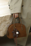 Suede Leather Bowling Bag Brown Bowler Handbag For Ladies 