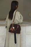 Suede Leather Bowling Bag Brown Bowler Handbag For Ladies 