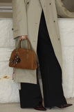 Suede Leather Bowling Bag Brown Bowler Handbag For Ladies 