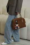 Suede Leather Bowling Bag Brown Bowler Handbag For Ladies 