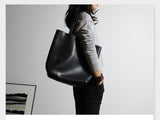 Black Leather Tote Bag With Zipper Tall Leather Tote Womens Leather Work Tote 