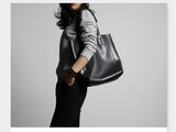 Black Leather Tote Bag With Zipper Tall Leather Tote Womens Leather Work Tote 