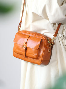 Tan Genuine Leather Zipper Satchel Bag 