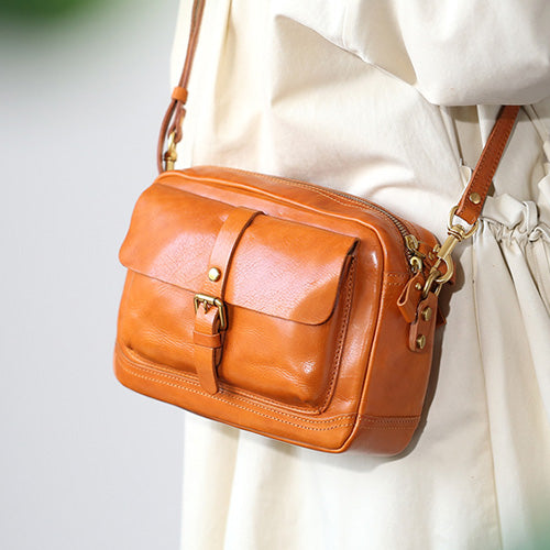 Tan Genuine Leather Zipper Satchel Bag 