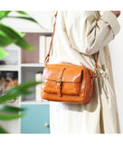 Tan Genuine Leather Zipper Satchel Bag 