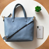 Small blue Leather Tote Bag Ladies Small Leather Purse Tote Bag With Leather Straps 