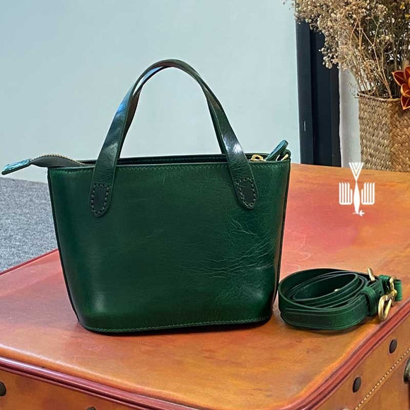 Small Leather Tote Purse Dark Green Leather Purse Zip Top Leather Tote Bag Womens 