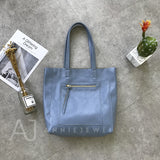 Women's blue Leather Tote Vertical Leather Tote Bag Cowhide Tote Soft Tote Bags 