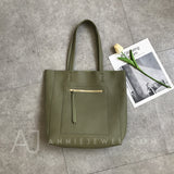 Women's olive green Leather Tote Vertical Leather Tote Bag Cowhide Tote Soft Tote Bags 