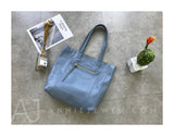 Women's blue Leather Tote Vertical Leather Tote Bag Cowhide Tote Soft Tote Bags 