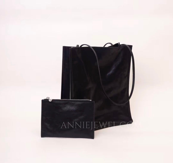 Black Leather Tote Bag Vertical Leather Tote Bag Cowhide Tote Womens - Annie Jewel
