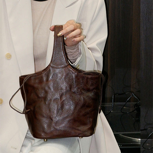 Distressed Leather Bucket Handbag For Women