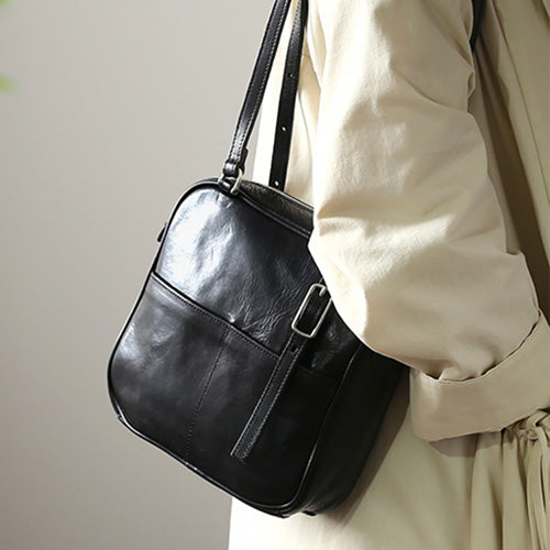 Women's Black Square Leather Camera Bag