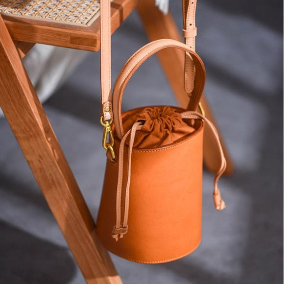 Women's Drawstring Leather Bucket Bag Small Leather Bucket Bag Drawstring 