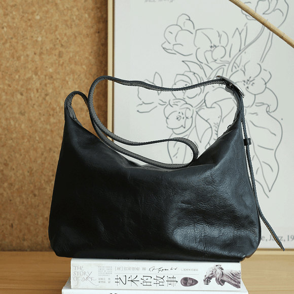 Women's Genuine Leather Hobo Bag With Zipper Black Leather Hobo Shoulder Bag 