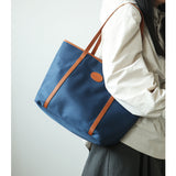 blue Lightweight Leather Tote Bag Women's Nylon And Leather Tote Bag With zipper 