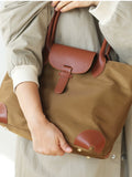 brown Lightweight Leather Tote Bag Women's Nylon And Leather Tote Bag With zipper