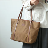 khaki Lightweight Leather Tote Bag Women's Nylon And Leather Tote Bag With zipper 