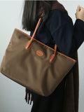 Women's Nylon And Leather Tote Bag With zipper khaki Lightweight Leather Tote Bag 