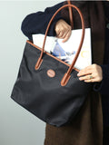 Women's Nylon And Leather Tote Bag With zipper black Lightweight Leather Tote Bag 