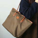 Women's Nylon And Leather Tote Bag With zipper Lightweight Leather Tote Bag 