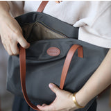 Women's Nylon And Leather Tote Bag With zipper Lightweight Leather Tote Bag 