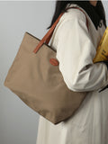 Women's Nylon And Leather Tote Bag With zipper Lightweight Leather Tote Bag 