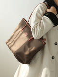 Women's Nylon And Leather Tote Bag With zipper khaki Lightweight Leather Tote Bag 